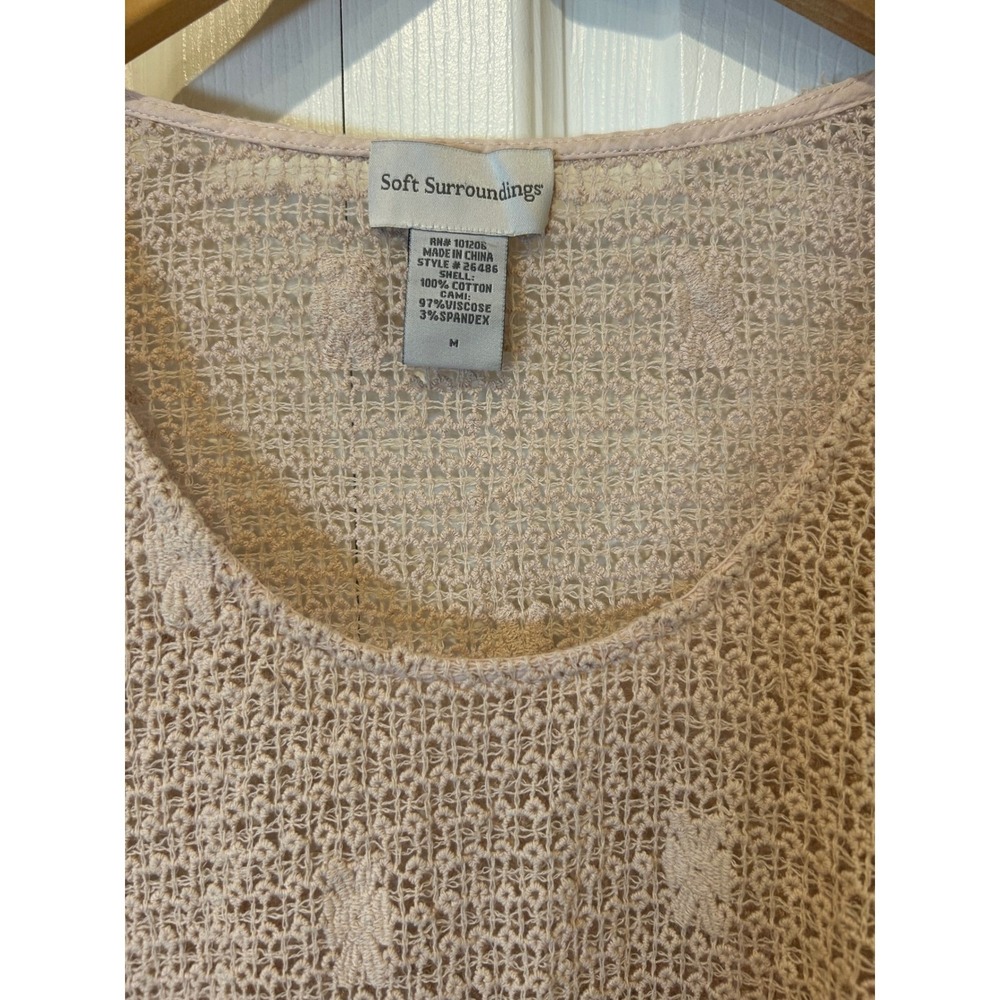 Soft Surroundings Crochet Top Womens Medium Beige Floral Lace Hem Short Sleeve - Picture 8 of 8